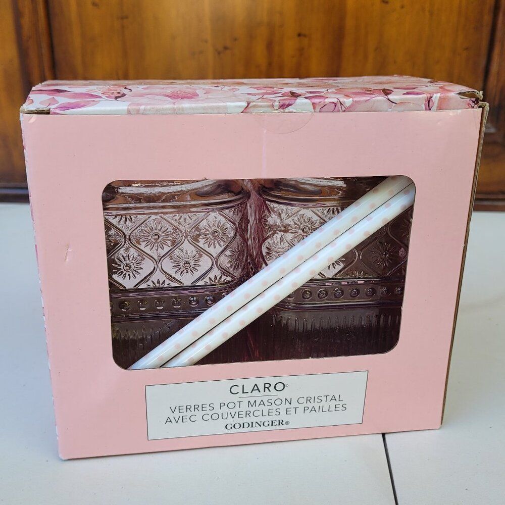 Godinger Claro Pink‎ Crystal Mason Jar Drinking Glasses with Lid & Straws